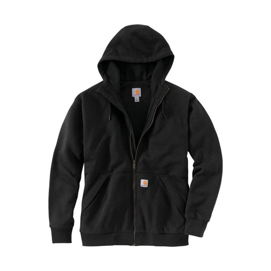 Black zip-up hooded sweatshirt with front pockets and a small chest logo patch