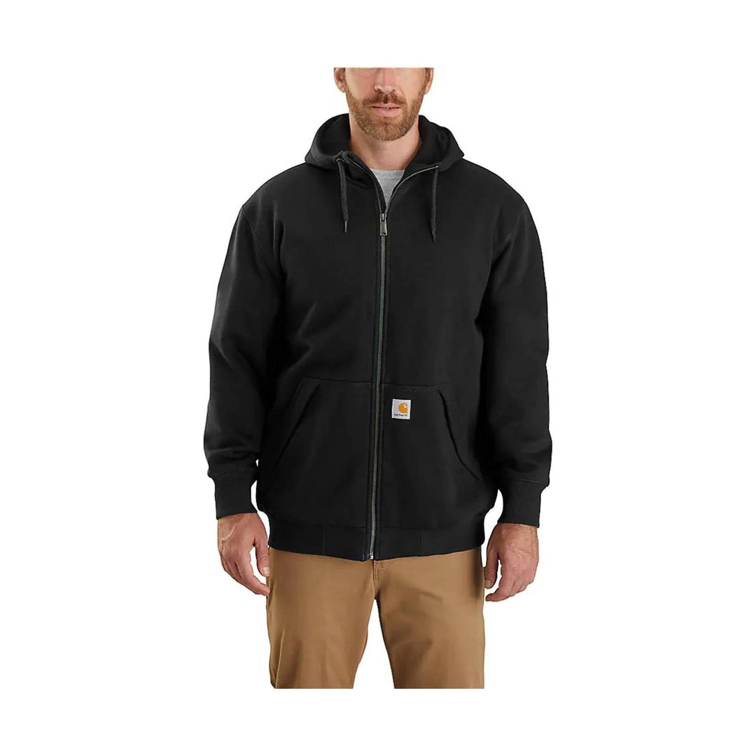 Black zip-front hooded sweatshirt with front pockets and Carhartt logo patch
