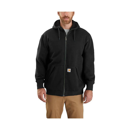 Black zip-front hooded sweatshirt with front pockets and Carhartt logo patch