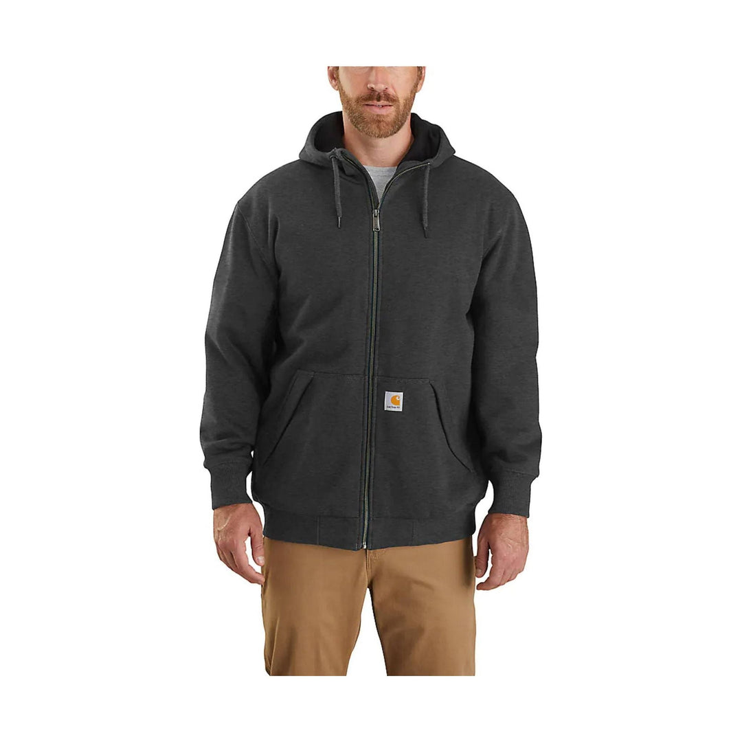 Dark charcoal zip-front hooded sweatshirt with front pouch pockets and a small chest logo patch