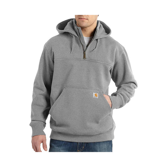 Gray hooded quarter-zip sweatshirt with front kangaroo pocket