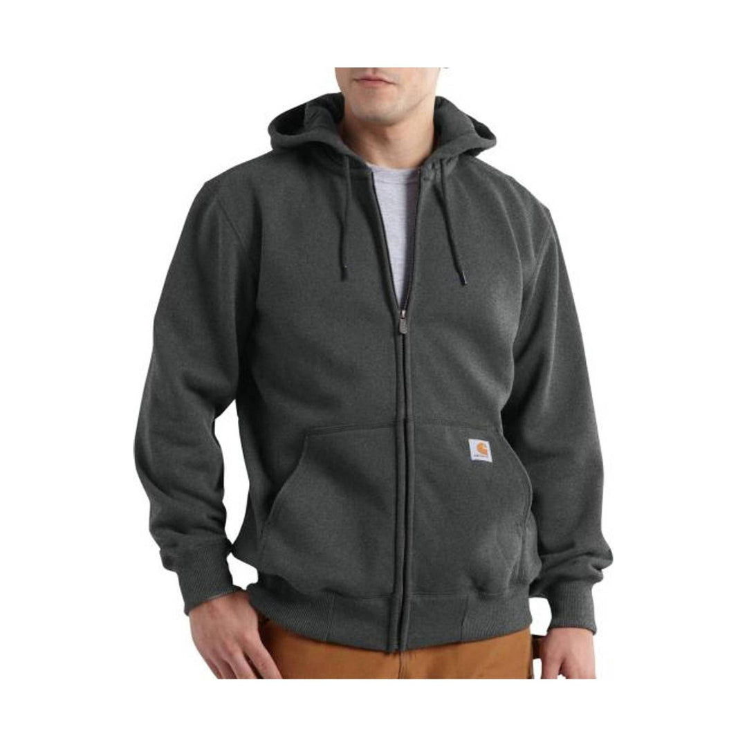 Dark gray zip-front hooded sweatshirt with front pockets and drawstrings