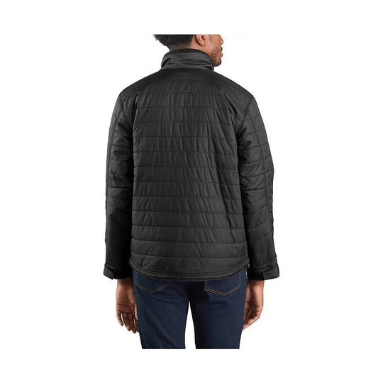 Black quilted lightweight jacket shown from the back with a high collar and long sleeves