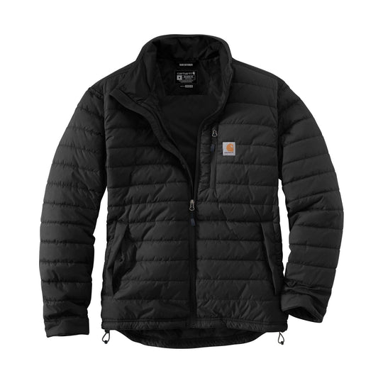 Black quilted puffer jacket with front zipper, chest pocket, and small Carhartt logo patch