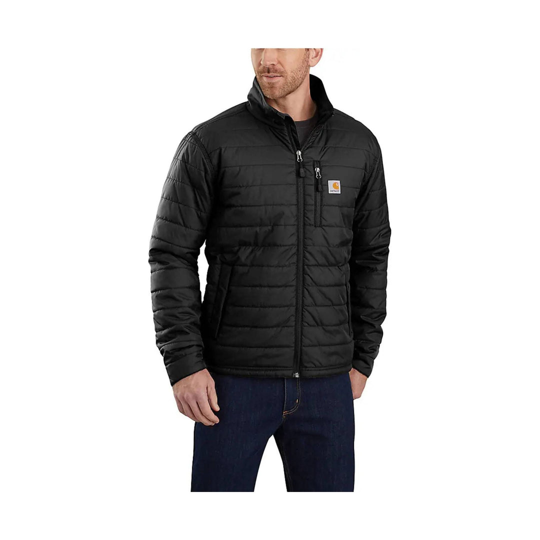 Black quilted zip-front insulated jacket with stand collar and chest pocket