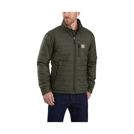 Olive green quilted zip-up jacket with chest pocket and Carhartt patch