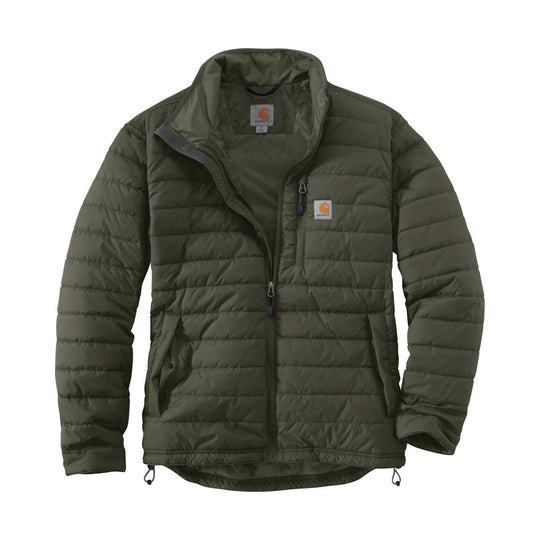 Olive green quilted insulated jacket with full-zip front, chest pocket, and stand collar