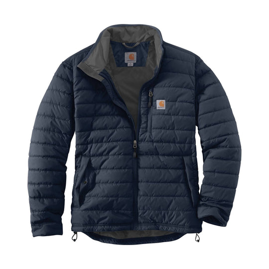 Navy quilted zip-front insulated jacket with stand collar, chest pocket, and Carhartt logo patches