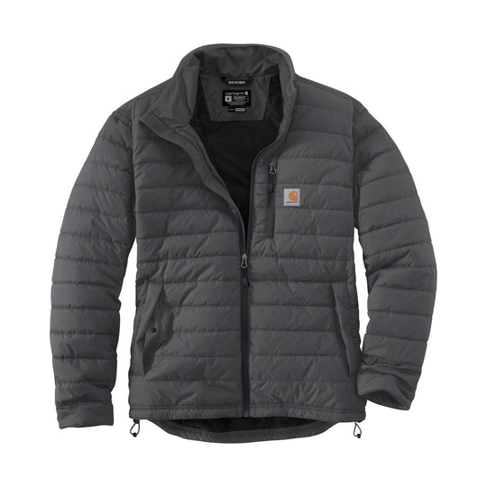 Dark gray quilted insulated jacket with full-zip front, stand collar, and chest logo patch