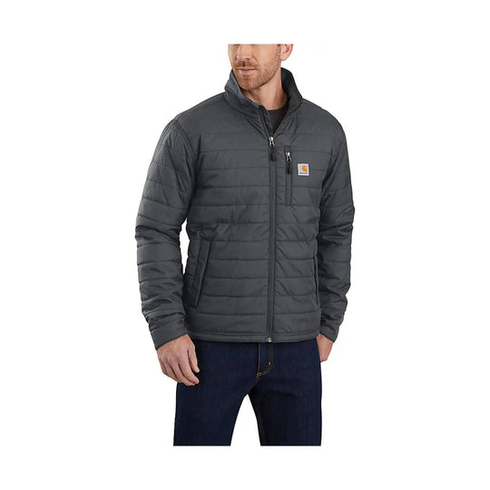 Dark gray quilted zip-front jacket with a stand collar, chest logo patch, and zip chest pocket