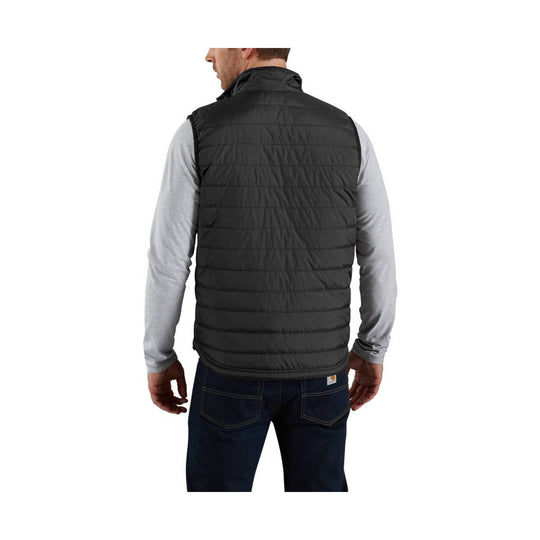 Black quilted insulated vest shown from the back over a gray long-sleeve shirt