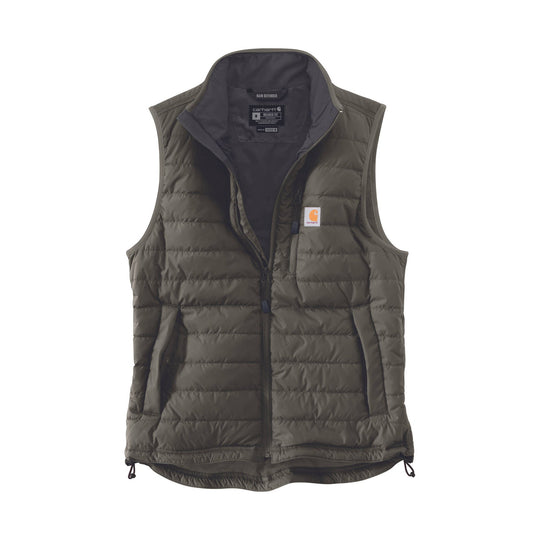 Dark olive quilted insulated vest with front zipper, chest pocket, and standing collar