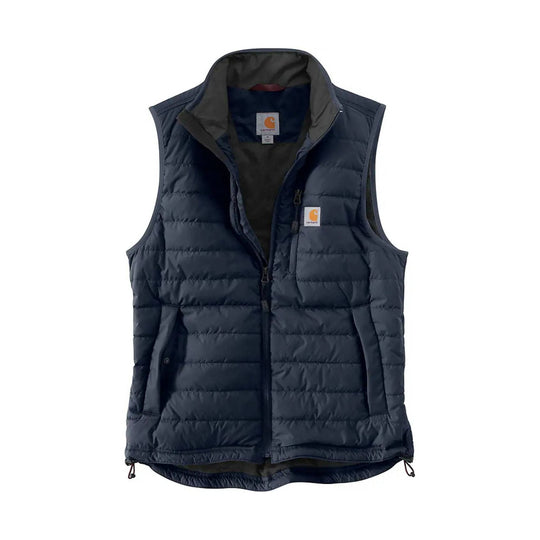 Navy quilted insulated zip-up vest with stand collar, chest pocket, and Carhartt labels