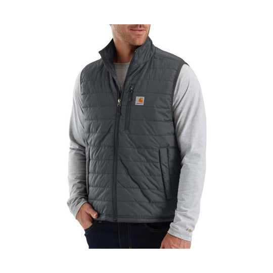 Dark gray quilted insulated vest with a stand collar, front zipper, and small chest logo patch.