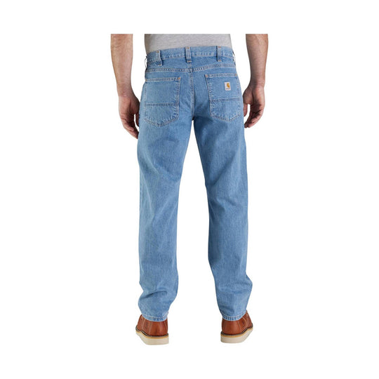 Light wash straight-leg jeans shown from the back with five-pocket styling