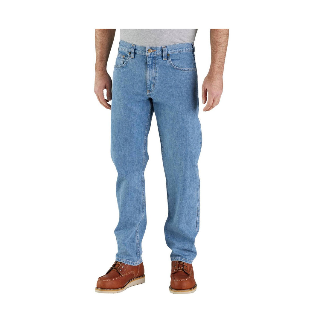 Light blue straight-leg jeans with five pockets, shown with brown lace-up shoes