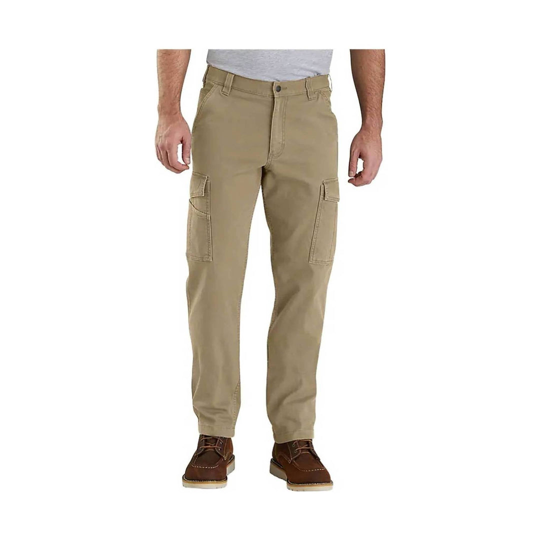 Khaki cargo work pants with side flap pockets, shown on a male model with brown shoes.