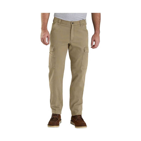 Khaki cargo work pants with side flap pockets, shown on a male model with brown shoes.