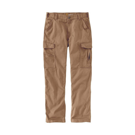 Tan cargo work pants with side flap pockets and straight legs