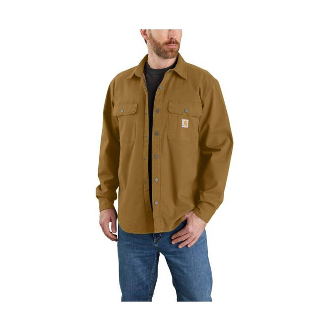 Brown long-sleeve canvas shirt jacket with snap front, chest flap pockets, and small logo patch