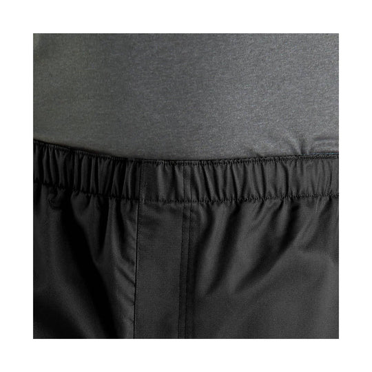 Black rain pant waistband and upper leg with gathered elastic and center seam