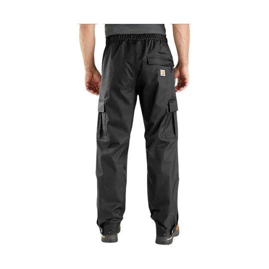 Black cargo rain pants shown from the back with elastic waist and ankle snaps.