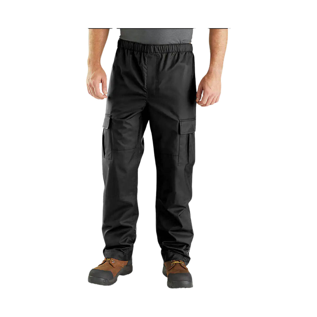 Black waterproof cargo pants with elastic waist and side flap pockets, shown on a model