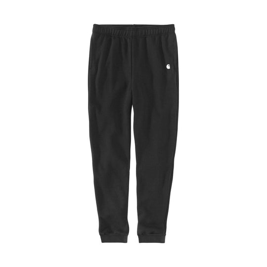 Black tapered sweatpants with an elastic waistband and small white chest logo
