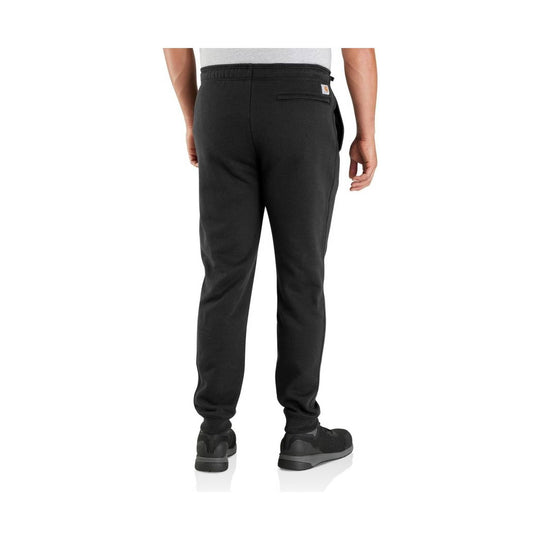 Black tapered sweatpants shown from the back, with an elastic waistband, back pocket, and cuffed ankles