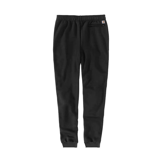 Black tapered sweatpants with elastic waistband, zip pocket, and cuffed ankles