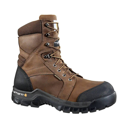 Brown insulated lace-up work boot with black rubber toe and sole, shown in side view