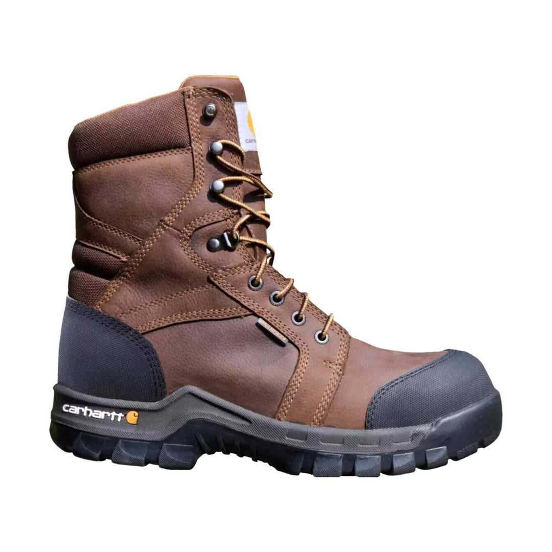 Brown lace-up work boot with black toe cap, thick lug sole, and visible Carhartt logo