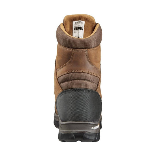 Rear view of a brown insulated work boot with black padded heel and treaded sole