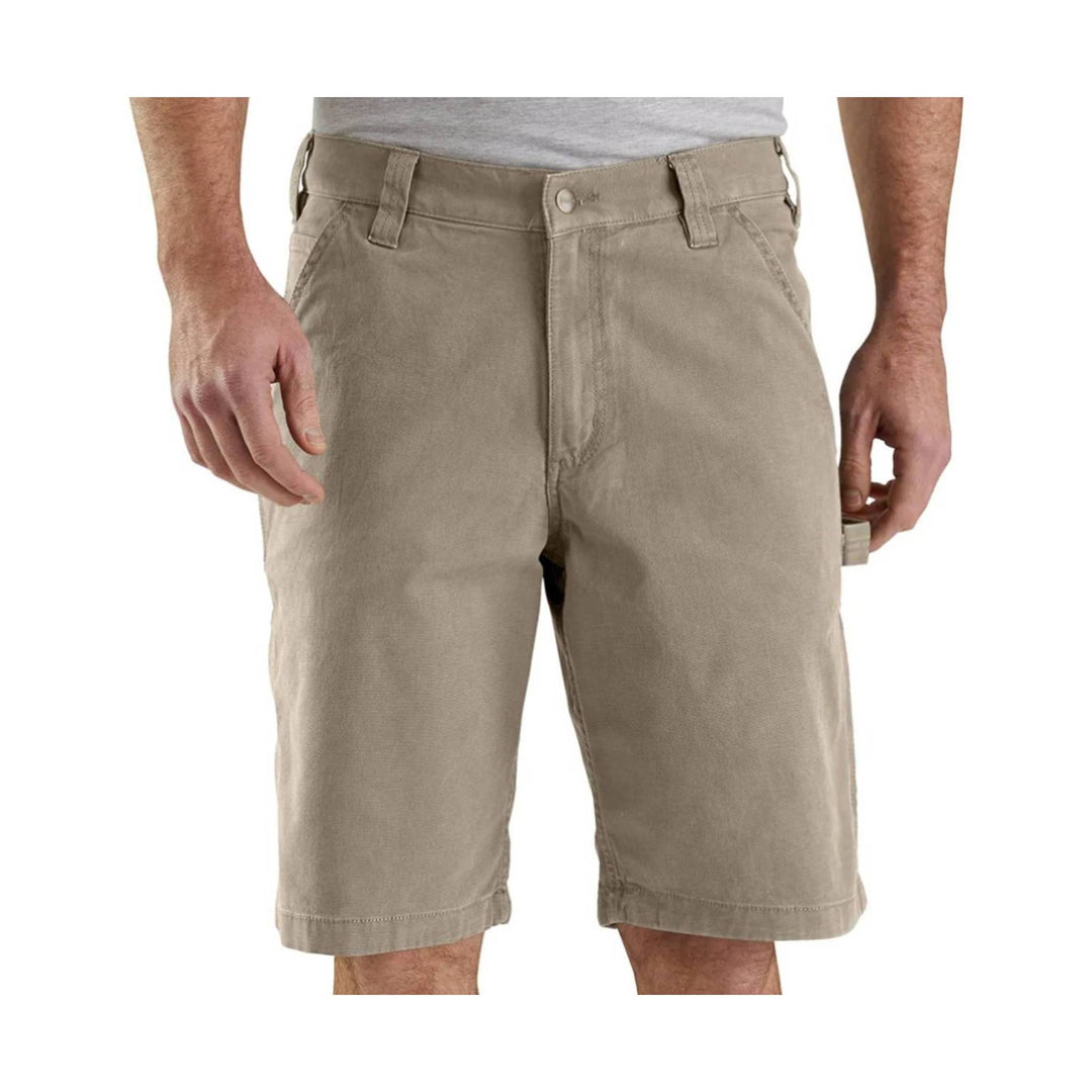 Tan canvas cargo shorts with belt loops and side pockets
