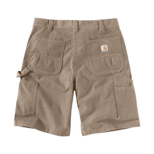 Tan canvas cargo shorts with large front and side pockets and a small Carhartt logo patch.