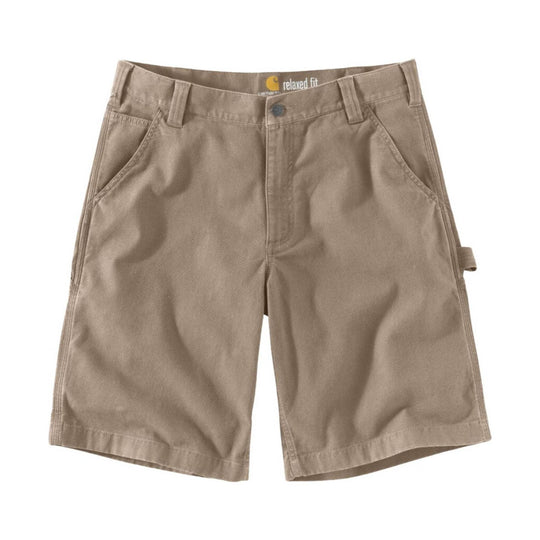 Tan canvas work shorts with front pockets and visible waistband label