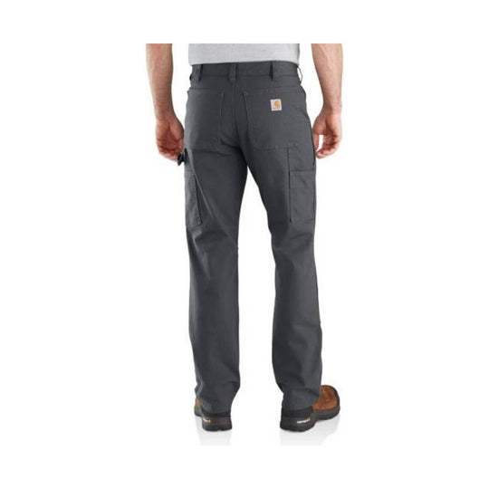 Dark gray work pants shown from the back with cargo pockets and a small logo patch on the right pocket