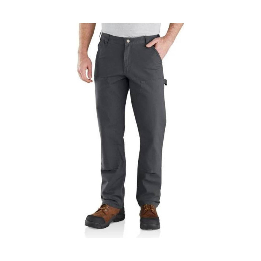 Dark gray men’s work pants with cargo pockets and reinforced knees, shown with brown work boots