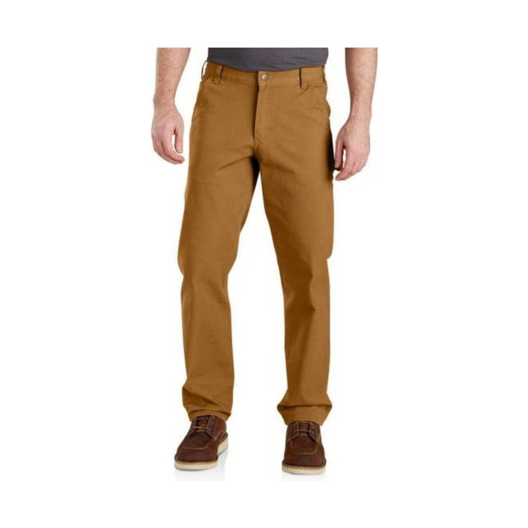 Brown straight-leg work pants with front pockets and belt loops, worn with brown shoes