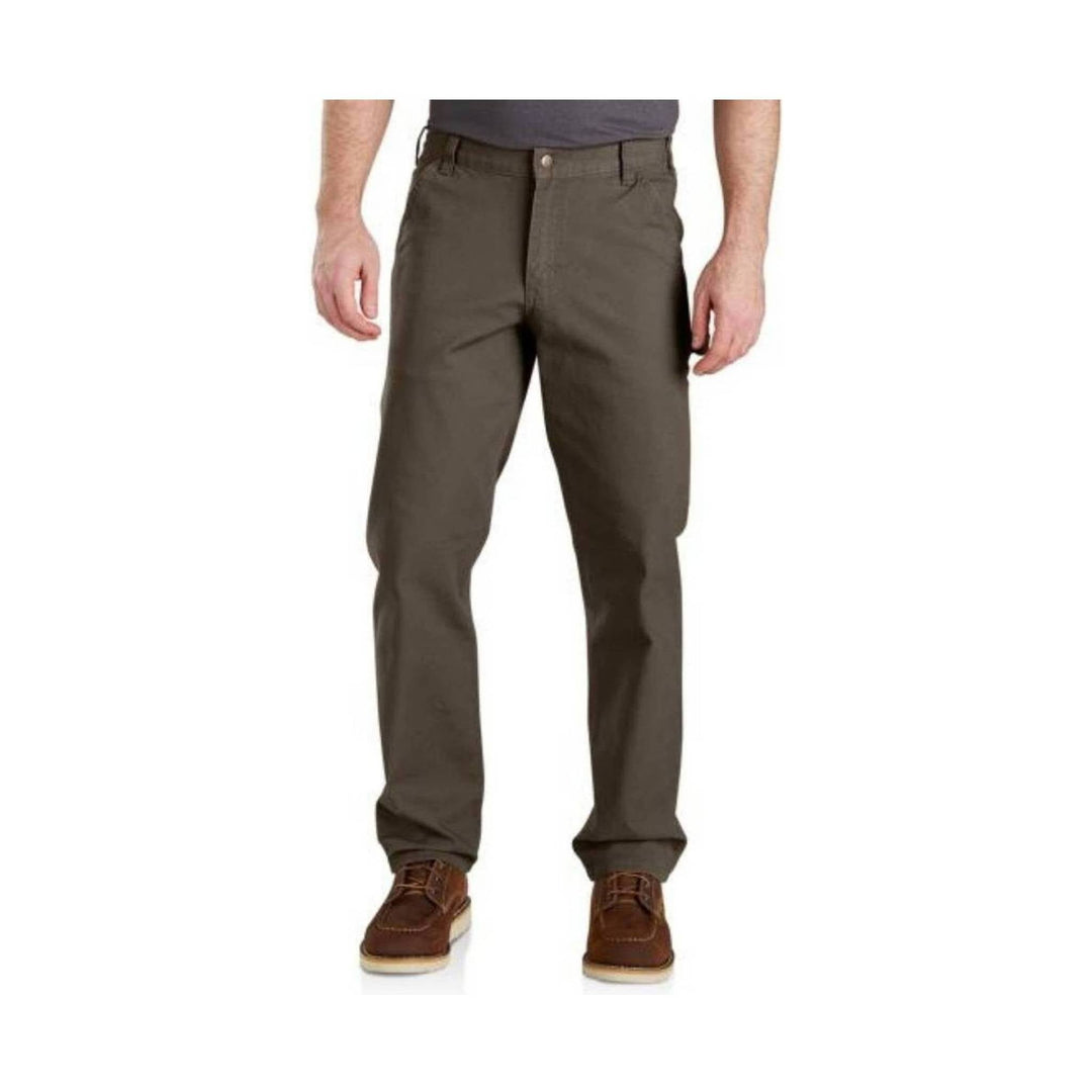 Olive straight-leg work pants with front pockets, shown with a gray shirt and brown shoes