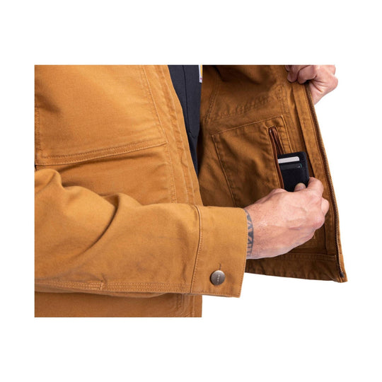 Brown work jacket with zippered chest pocket and interior card pocket