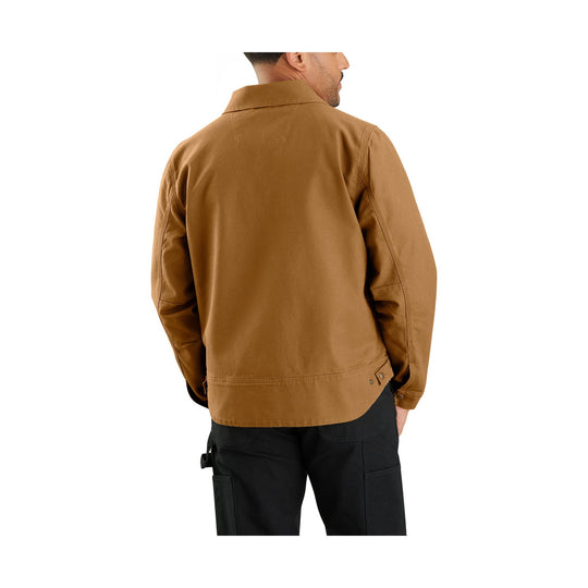 Brown work jacket shown from the back, with a collar and long sleeves