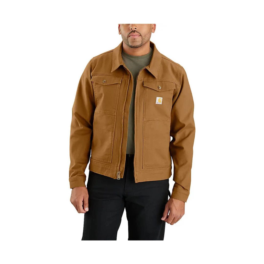 Brown work jacket with chest pockets and zipper front, worn over a dark shirt