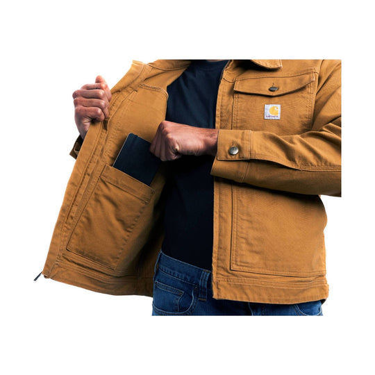 Brown canvas work jacket with chest and lower patch pockets, shown being opened while a phone is pulled from the inside pocket