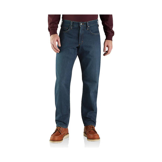 Dark blue men’s straight-leg jeans with front and back pockets, shown with brown shoes