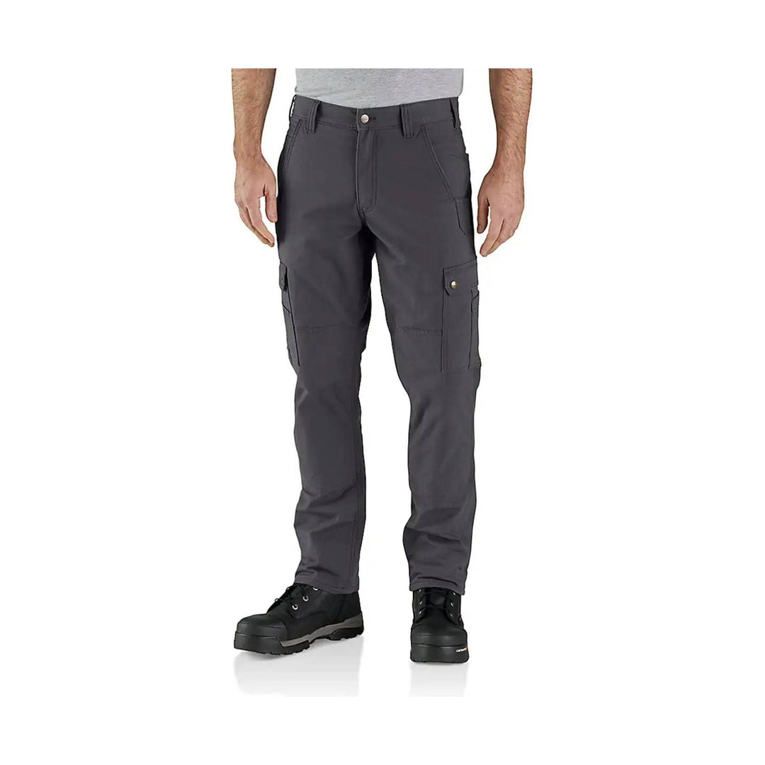 Dark gray cargo work pants with side flap pockets and black work boots