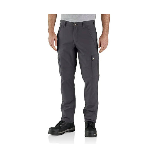 Dark gray cargo work pants with side flap pockets and black work boots