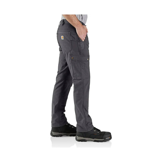 Dark gray cargo work pants with fleece lining, side pockets, and a visible Carhartt patch