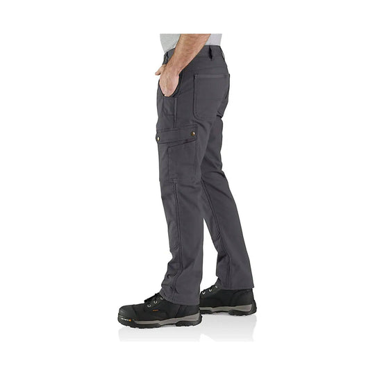 Gray cargo work pants with side and thigh pockets, shown on a model from the side