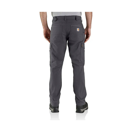 Gray cargo work pants shown from the back with multiple utility pockets and a small Carhartt patch